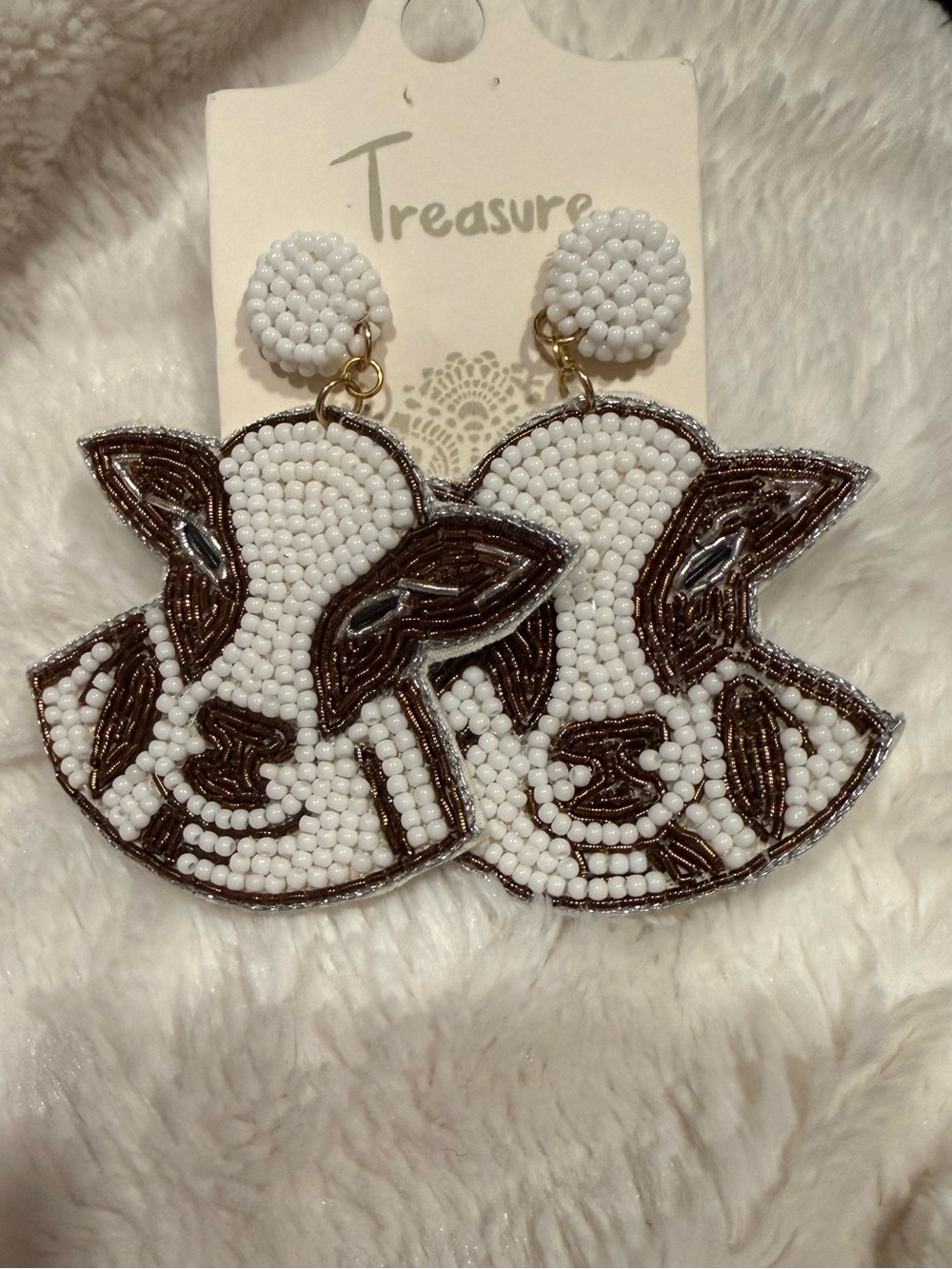 Treasure White & Brown Beaded Calf Face Drop Earrings Homemade